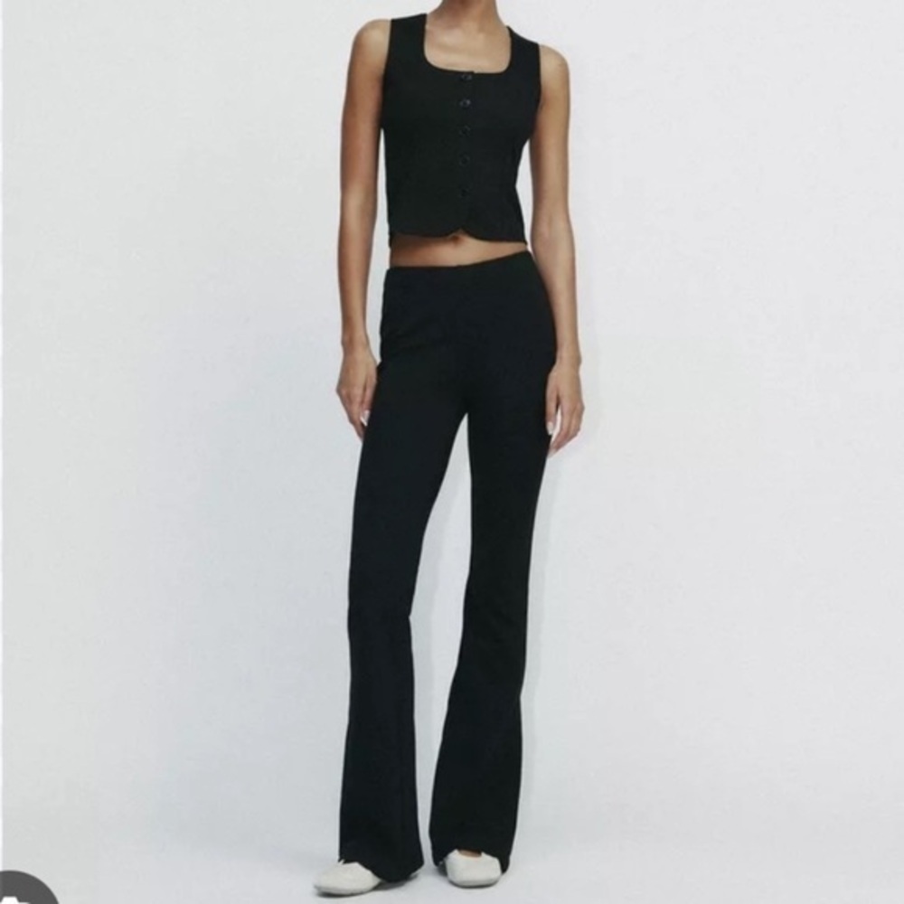 Zara Highrise Black Mini Flare Ribbed Leggings Split Hem Bottom Athleisure